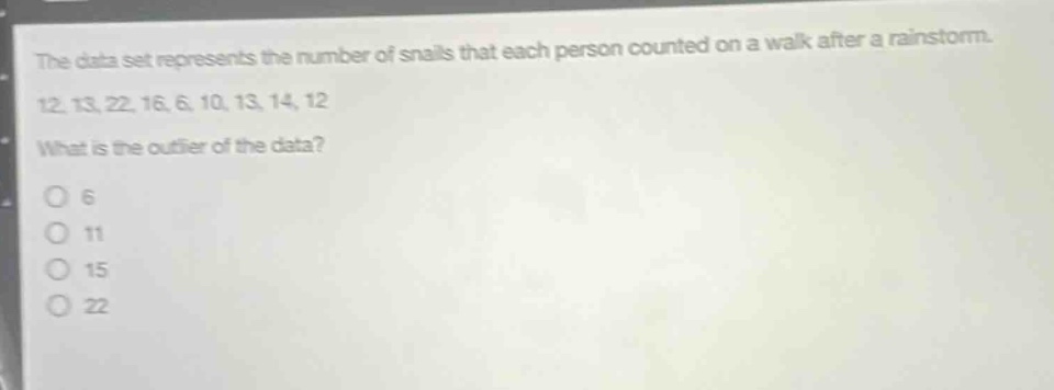 the data set represents the number of snails that each person counted on a walk after a rainstorm. 12, 13, 22, 16, 6, 10, 13, 14, 12. what is the outlier of the data? 6 11 15 22