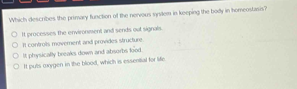 which describes the primary function of the nervous system in keeping the body in homeostasis?\no it processes the environment and sends out signals.\no it controls movement and provides structure.\no it physically breaks down and absorbs food.\no it puts oxygen in the blood, which is essential for life.