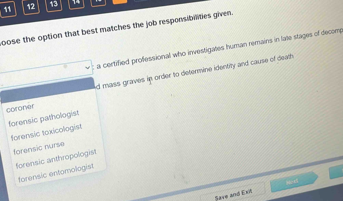 choose the option that best matches the job responsibilities given. a certified professional who investigates human remains in late stages of decomp and mass graves in order to determine identity and cause of death. coroner forensic pathologist forensic toxicologist forensic nurse forensic anthropologist forensic entomologist