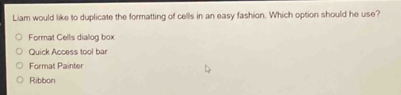 liam would like to duplicate the formatting of cells in an easy fashion. which option should he use?\nformat cells dialog box\nquick access tool bar\nformat painter\nribbon