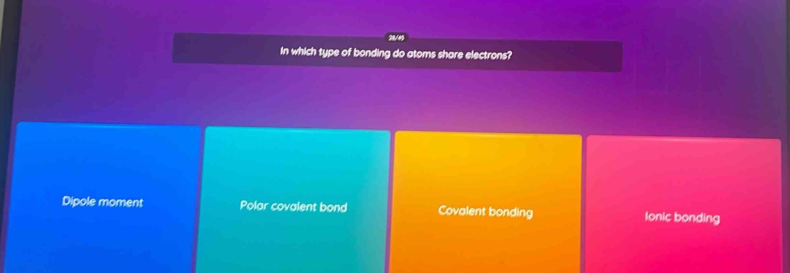 in which type of bonding do atoms share electrons?\ndipole moment\npolar covalent bond\ncovalent bonding\nionic bonding