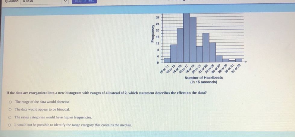 question 6 of 20\nif the data are reorganized into a new histogram with ranges of 4 instead of 2, which statement describes the effect on the data?\nthe range of the data would decrease.\nthe data would appear to be bimodal.\nthe range categories would have higher frequencies.\nit would not be possible to identify the range category that contains the median.