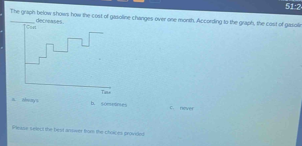 the graph below shows how the cost of gasoline changes over one month. according to the graph, the cost of gasoline decreases.\ncost\ntime\na. always\nb. sometimes\nc. never\nplease select the best answer from the choices provided