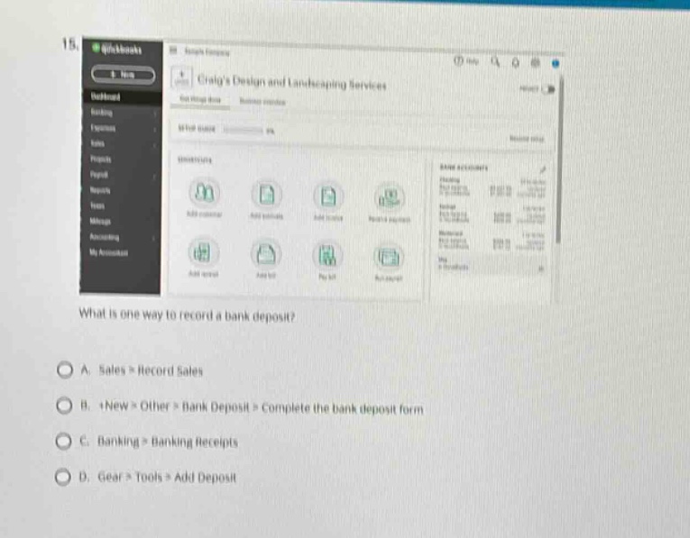 15. what is one way to record a bank deposit?\na. sales > record sales\nb. +new > other > bank deposit > complete the bank deposit form\nc. banking > banking receipts\nd. gear > tools > add deposit