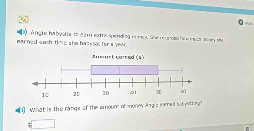 angie babysits to earn extra spending money. she recorded how much money she earned each time she babysat for a year.\namount earned ($)\nwhat is the range of the amount of money angie earned babysitting?\n$