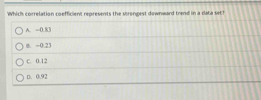 which correlation coefficient represents the strongest downward trend in a data set?\na. -0.83\nb. -0.23\nc. 0.12\nd. 0.92