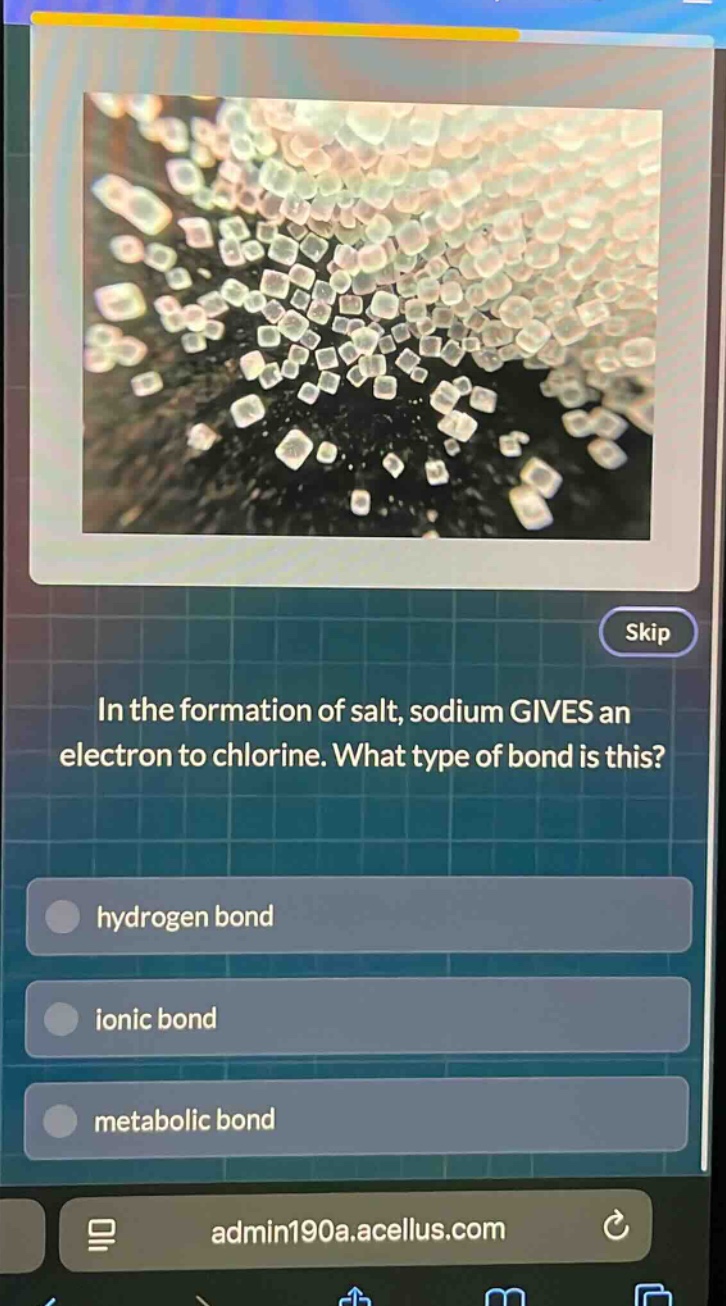 in the formation of salt, sodium gives an electron to chlorine. what type of bond is this?\nhydrogen bond\nionic bond\nmetabolic bond