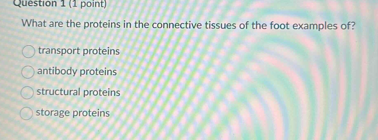 question 1 (1 point)\nwhat are the proteins in the connective tissues of the foot examples of?\ntransport proteins\nantibody proteins\nstructural proteins\nstorage proteins