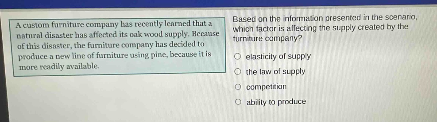 a custom furniture company has recently learned that a natural disaster has affected its oak wood supply. because of this disaster, the furniture company has decided to produce a new line of furniture using pine, because it is more readily available. based on the information presented in the scenario, which factor is affecting the supply created by the furniture company? elasticity of supply the law of supply competition ability to produce