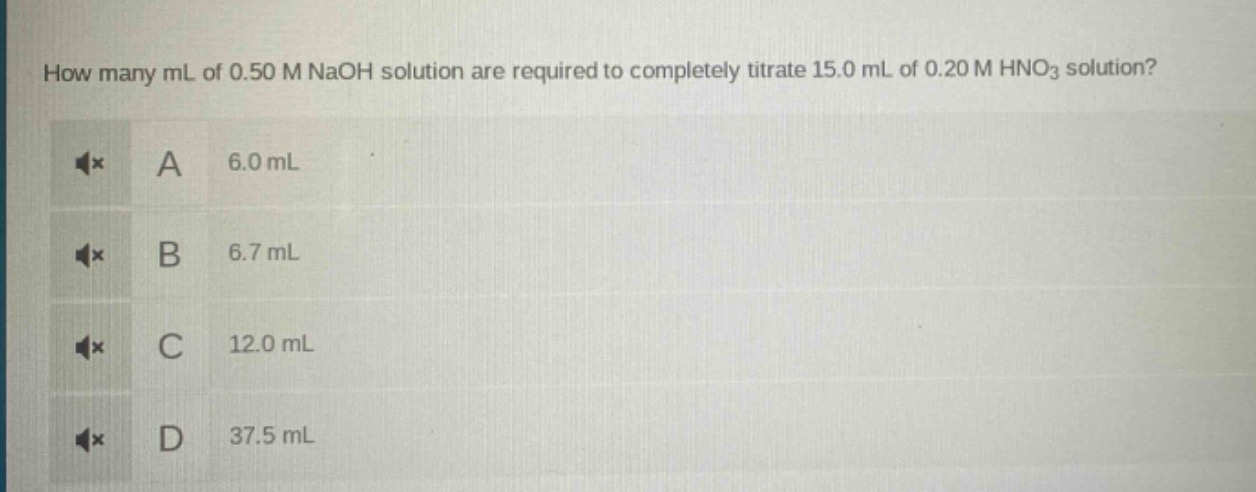how many ml of 0.50 m naoh solution are required to completely titrate 15.0 ml of 0.20 m hno₃ solution?\na 6.0 ml\nb 6.7 ml\nc 12.0 ml\nd 37.5 ml