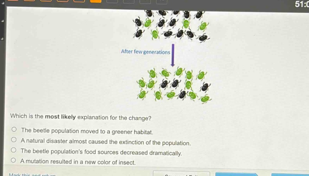 after few generations\nwhich is the most likely explanation for the change?\nthe beetle population moved to a greener habitat.\na natural disaster almost caused the extinction of the population.\nthe beetle population’s food sources decreased dramatically.\na mutation resulted in a new color of insect.