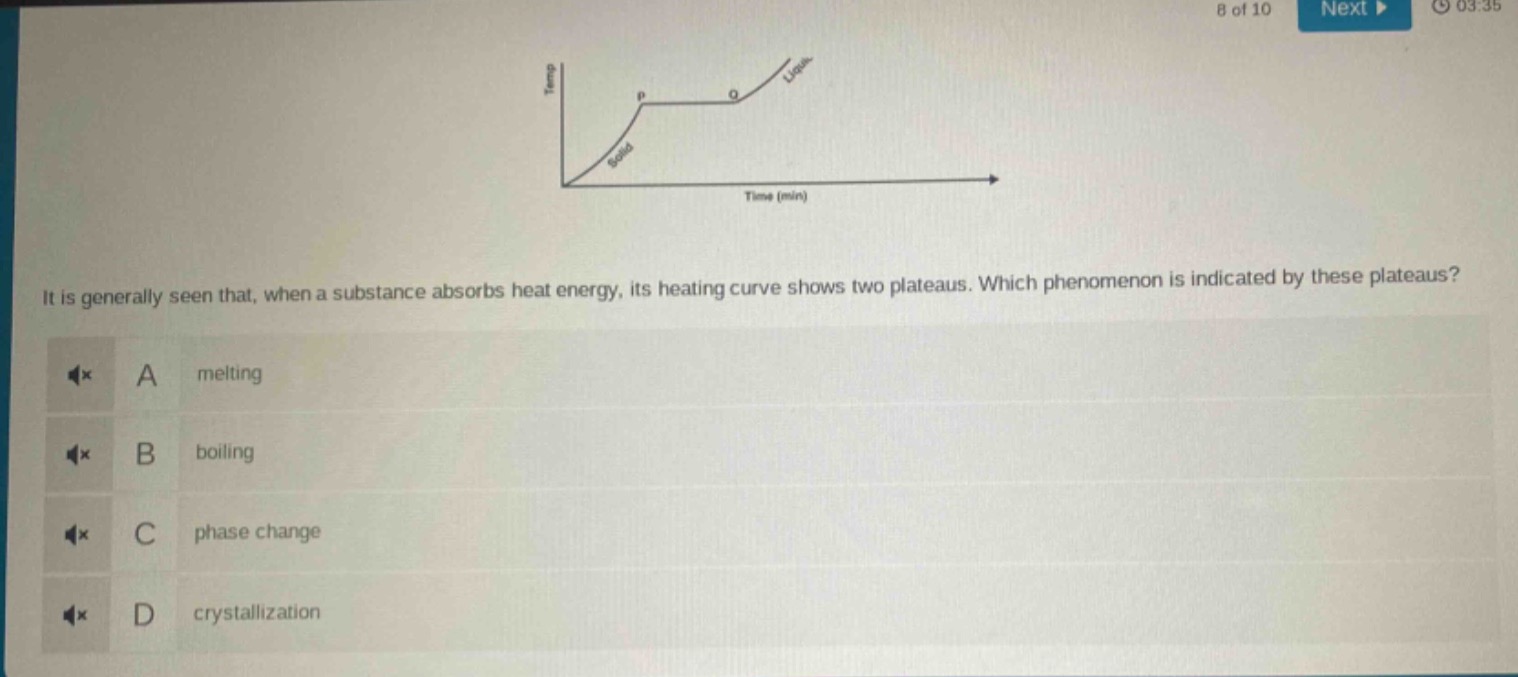 it is generally seen that, when a substance absorbs heat energy, its heating curve shows two plateaus. which phenomenon is indicated by these plateaus? a melting b boiling c phase change d crystallization