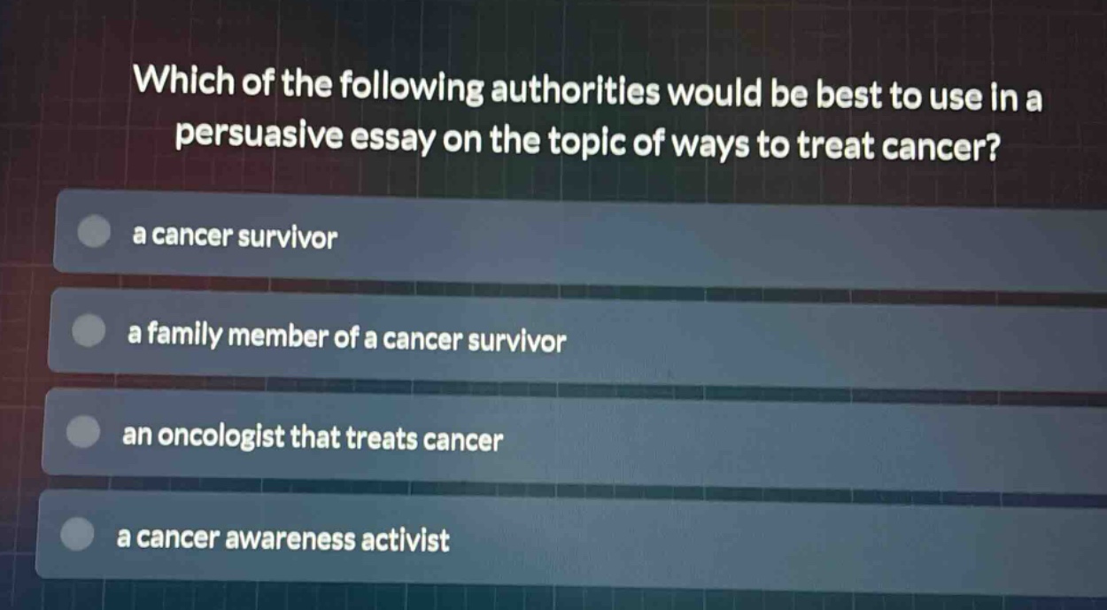 which of the following authorities would be best to use in a persuasive essay on the topic of ways to treat cancer?\na cancer survivor\na family member of a cancer survivor\nan oncologist that treats cancer\na cancer awareness activist