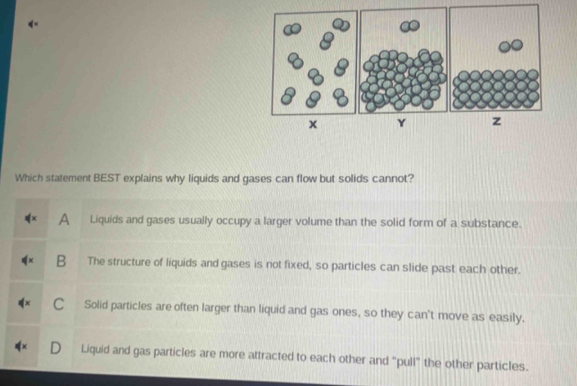 which statement best explains why liquids and gases can flow but solids cannot? a liquids and gases usually occupy a larger volume than the solid form of a substance. b the structure of liquids and gases is not fixed, so particles can slide past each other. c solid particles are often larger than liquid and gas ones, so they cant move as easily. d liquid and gas particles are more attracted to each other and \pull\ the other particles.