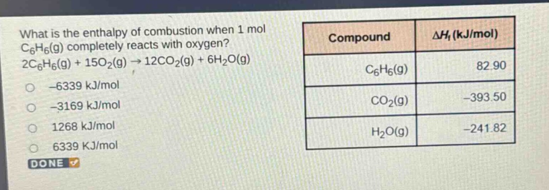 what is the enthalpy of combustion when 1 mol c₆h₆(g) completely reacts with oxygen? 2c₆h₆(g) + 15o₂(g) → 12co₂(g) + 6h₂o(g)\n-6339 kj/mol\n-3169 kj/mol\n1268 kj/mol\n6339 kj/mol\ndone\n| compound | δhf (kj/mol) |\n| ---- | ---- |\n| c₆h₆(g) | 82.90 |\n| co₂(g) | -393.50 |\n| h₂o(g) | -241.82 |