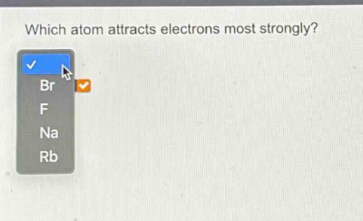 which atom attracts electrons most strongly? br f na rb