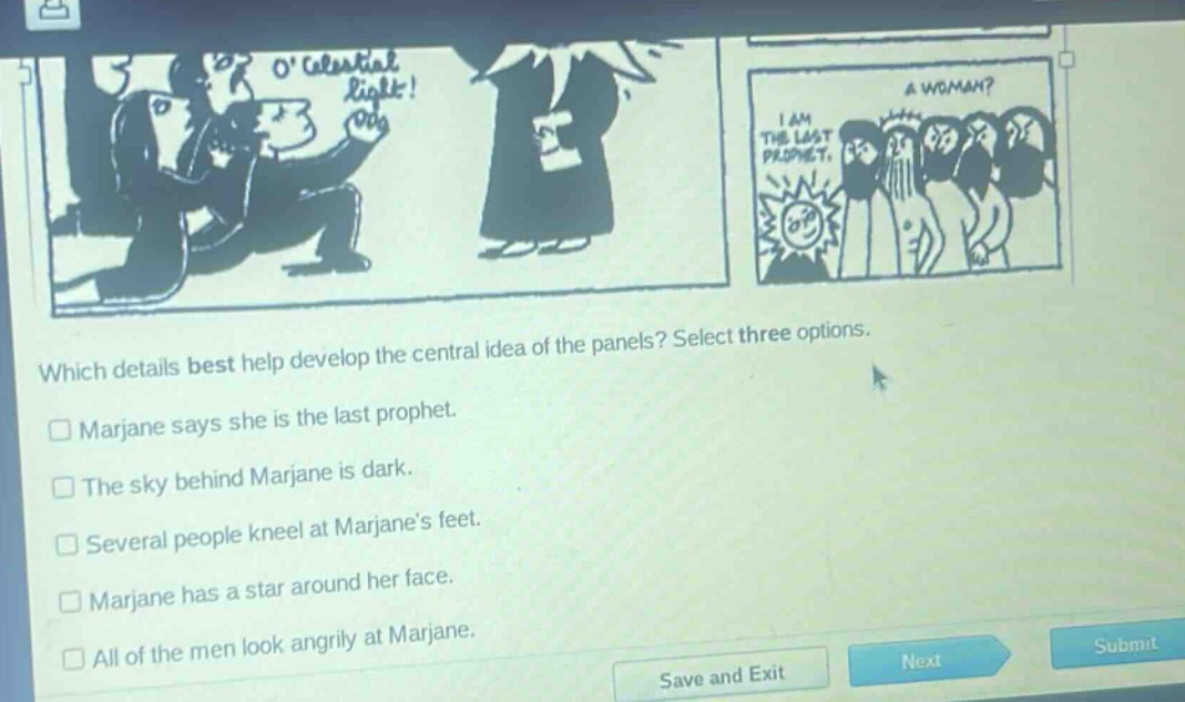 which details best help develop the central idea of the panels? select three options.\nmarjane says she is the last prophet.\nthe sky behind marjane is dark.\nseveral people kneel at marjanes feet.\nmarjane has a star around her face.\nall of the men look angrily at marjane.