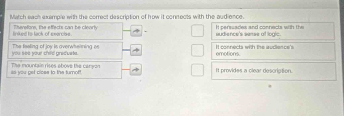 match each example with the correct description of how it connects with the audience.\ntherefore, the effects can be clearly linked to lack of exercise.\nthe feeling of joy is overwhelming as you see your child graduate.\nthe mountain rises above the canyon as you get close to the turnoff.\nit persuades and connects with the audiences sense of logic.\nit connects with the audiences emotions.\nit provides a clear description.