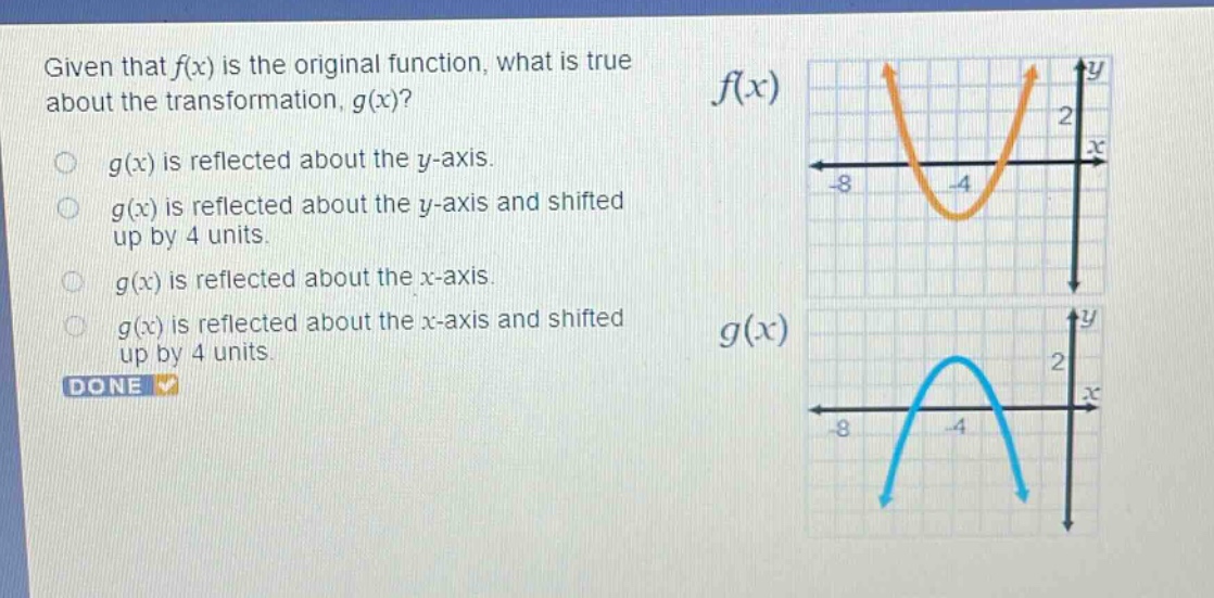 given that ( f(x) ) is the original function, what is true about the transformation, ( g(x) )?\n( g(x) ) is reflected about the ( y )-axis.\n( g(x) ) is reflected about the ( y )-axis and shifted up by 4 units.\n( g(x) ) is reflected about the ( x )-axis.\n( g(x) ) is reflected about the ( x )-axis and shifted up by 4 units.