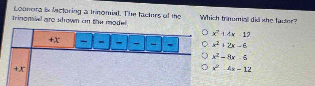 leonora is factoring a trinomial. the factors of the trinomial are shown on the model. which trinomial did she factor? $x^{2}+4x - 12$ $x^{2}+2x - 6$ $x^{2}-8x - 6$ $x^{2}-4x - 12$