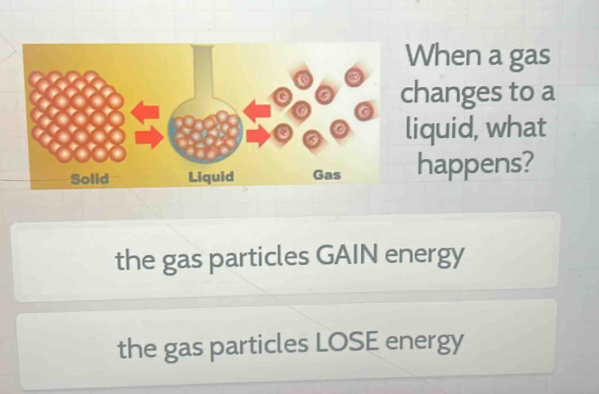 when a gas changes to a liquid, what happens? the gas particles gain energy the gas particles lose energy