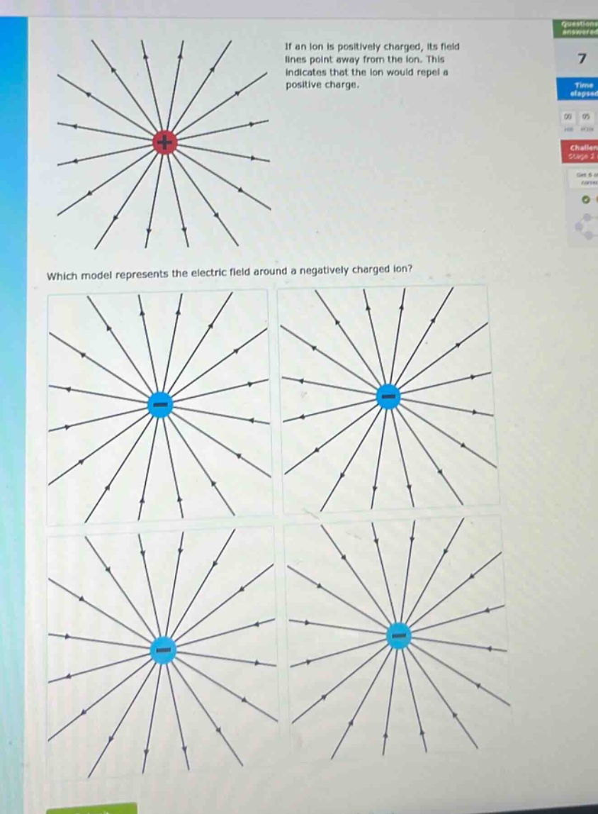 if an ion is positively charged, its field lines point away from the ion. this indicates that the ion would repel a positive charge. which model represents the electric field around a negatively charged ion?