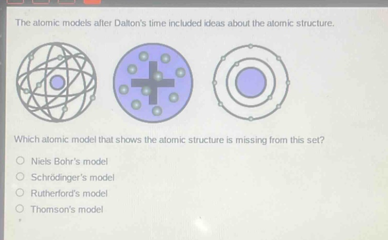 the atomic models after daltons time included ideas about the atomic structure. which atomic model that shows the atomic structure is missing from this set? niels bohrs model schrödingers model rutherfords model thomsons model