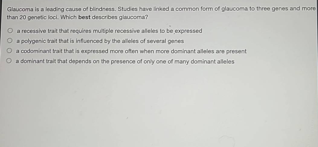 glaucoma is a leading cause of blindness. studies have linked a common form of glaucoma to three genes and more than 20 genetic loci. which best describes glaucoma?\n a recessive trait that requires multiple recessive alleles to be expressed\n a polygenic trait that is influenced by the alleles of several genes\n a codominant trait that is expressed more often when more dominant alleles are present\n a dominant trait that depends on the presence of only one of many dominant alleles