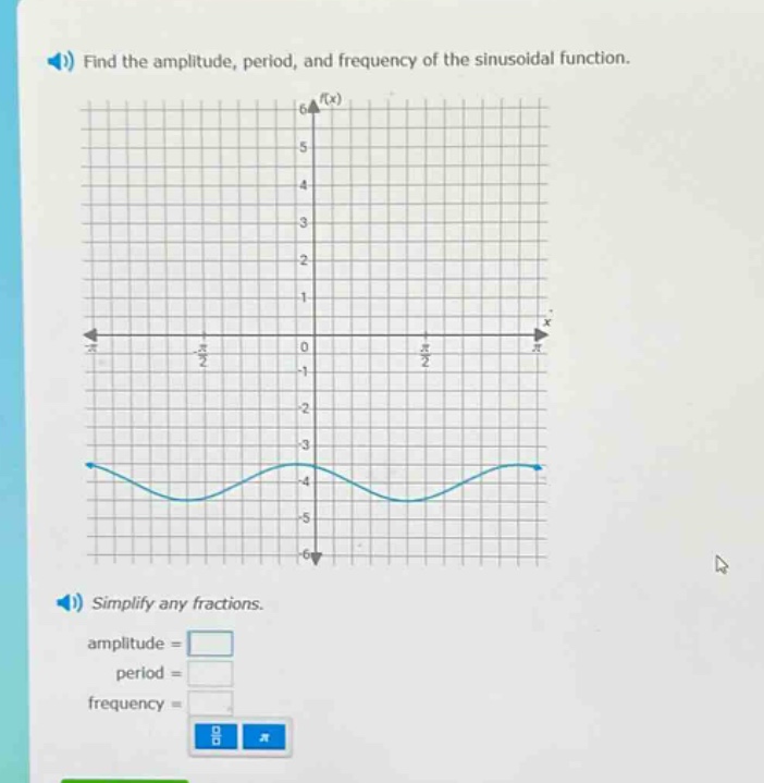 find the amplitude, period, and frequency of the sinusoidal function. simplify any fractions. amplitude = period = frequency =