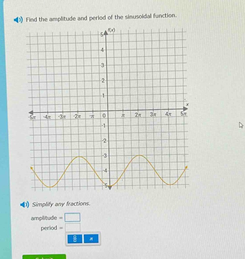 find the amplitude and period of the sinusoidal function. simplify any fractions. amplitude = period =