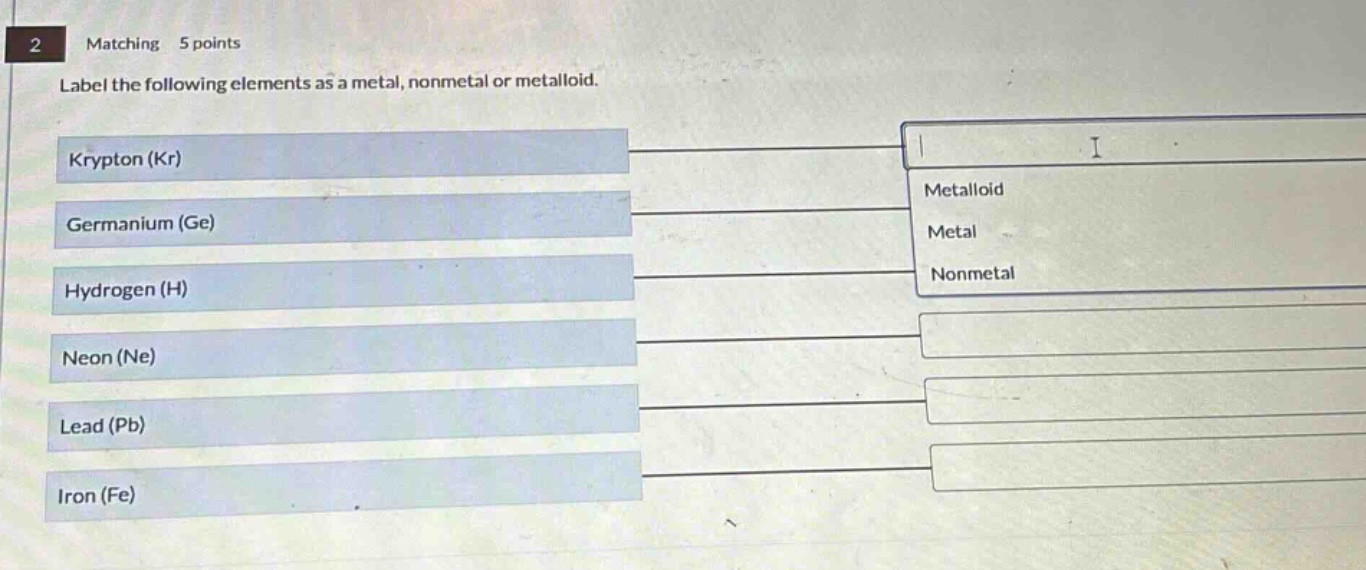 2 matching 5 points\nlabel the following elements as a metal, nonmetal or metalloid.\nkrypton (kr)\ngermanium (ge)\nhydrogen (h)\nneon (ne)\nlead (pb)\niron (fe)\nmetalloid\nmetal\nnonmetal