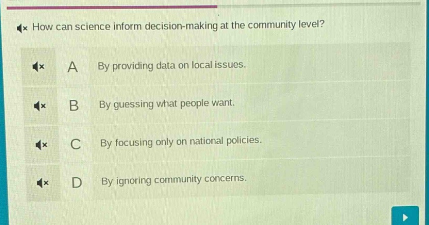 how can science inform decision - making at the community level?\na by providing data on local issues.\nb by guessing what people want.\nc by focusing only on national policies.\nd by ignoring community concerns.