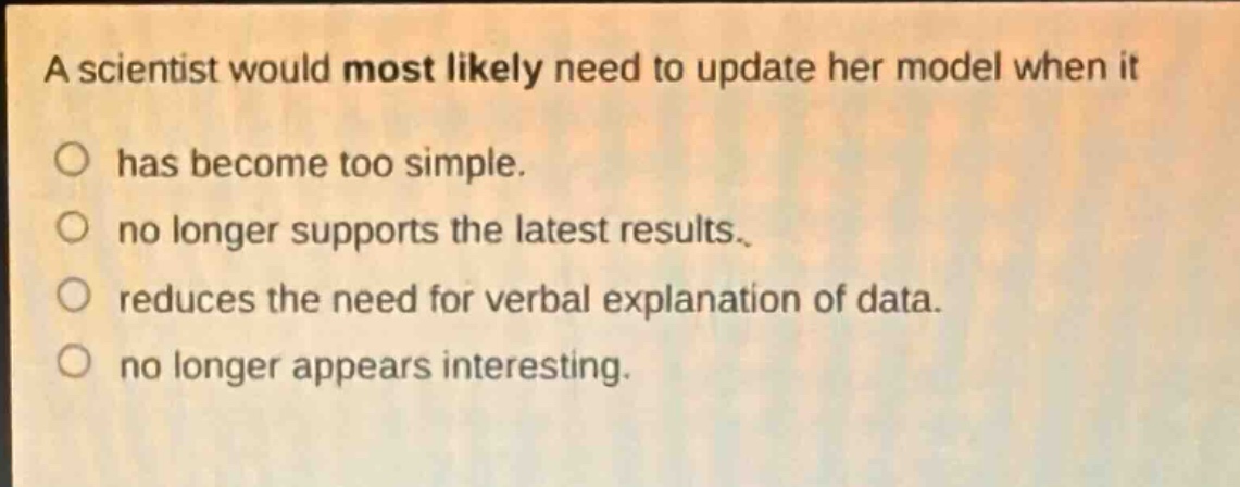 a scientist would most likely need to update her model when it\n○ has become too simple.\n○ no longer supports the latest results.\n○ reduces the need for verbal explanation of data.\n○ no longer appears interesting.