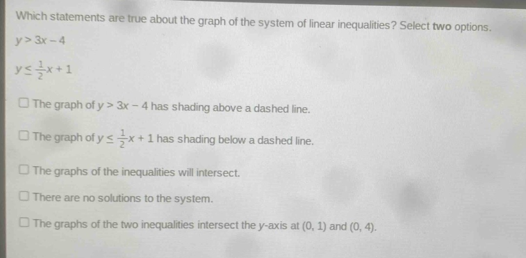 which statements are true about the graph of the system of linear inequalities? select two options.\ny > 3x - 4\ny ≤ 1/2x + 1\n□ the graph of y > 3x - 4 has shading above a dashed line.\n□ the graph of y ≤ 1/2x + 1 has shading below a dashed line.\n□ the graphs of the inequalities will intersect.\n□ there are no solutions to the system.\n□ the graphs of the two inequalities intersect the y - axis at (0, 1) and (0, 4).