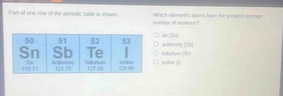 part of one row of the periodic table is shown. which elements atoms have the greatest average number of neutrons? tin (sn) antimony (sb) tellurium (te) iodine (i)