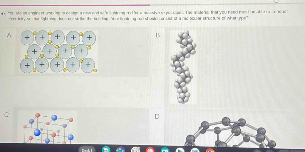 you are an engineer working to design a new and safe lightning rod for a massive skyscraper. the material that you need must be able to conduct electricity so that lightning does not strike the building. your lightning rod should consist of a molecular structure of what type?