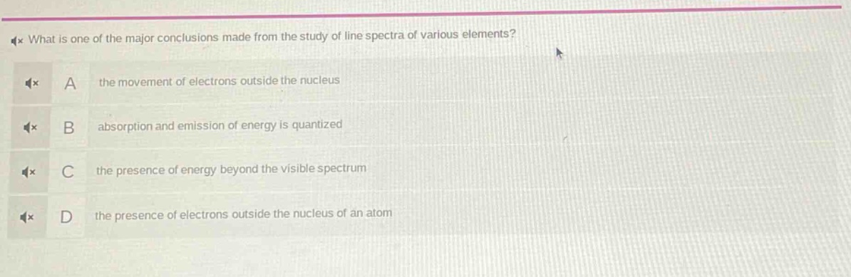 what is one of the major conclusions made from the study of line spectra of various elements? a the movement of electrons outside the nucleus b absorption and emission of energy is quantized c the presence of energy beyond the visible spectrum d the presence of electrons outside the nucleus of an atom