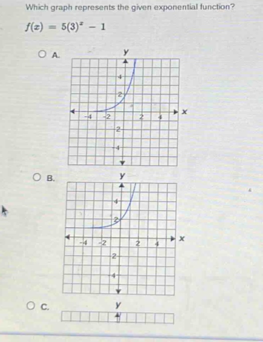 which graph represents the given exponential function?\n$f(x)=5(3)^{x}-1$\na.\nb.\nc.