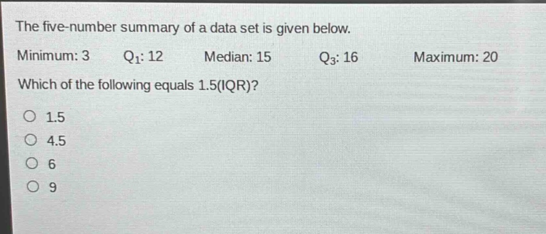 the five - number summary of a data set is given below.\nminimum: 3 q₁: 12 median: 15 q₃: 16 maximum: 20\nwhich of the following equals 1.5(iqr)?\n1.5\n4.5\n6\n9