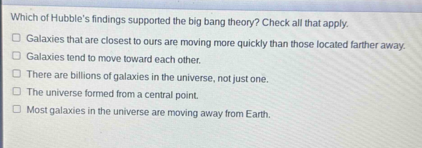 which of hubbles findings supported the big bang theory? check all that apply.\ngalaxies that are closest to ours are moving more quickly than those located farther away.\ngalaxies tend to move toward each other.\nthere are billions of galaxies in the universe, not just one.\nthe universe formed from a central point.\nmost galaxies in the universe are moving away from earth.