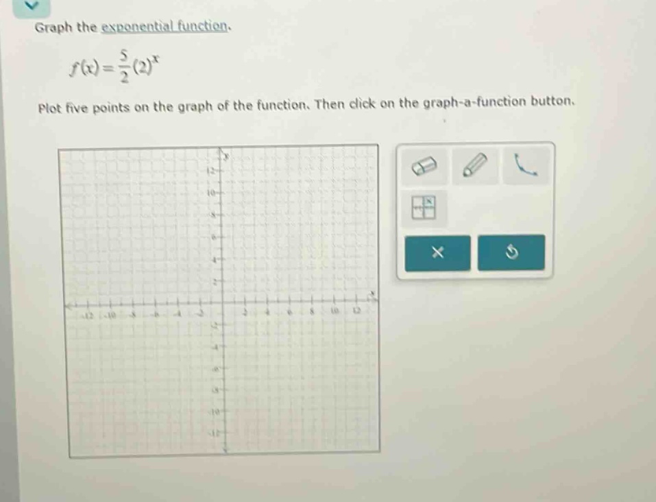 graph the exponential function.\n\n$f(x)=\\frac{5}{2}(2)^{x}$\n\nplot five points on the graph of the function. then click on the graph - a - function button.