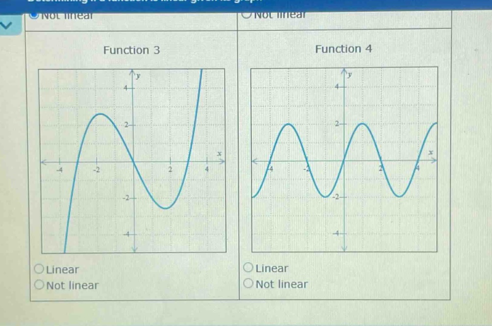 function 3\nfunction 4\nlinear\nnot linear\nlinear\nnot linear