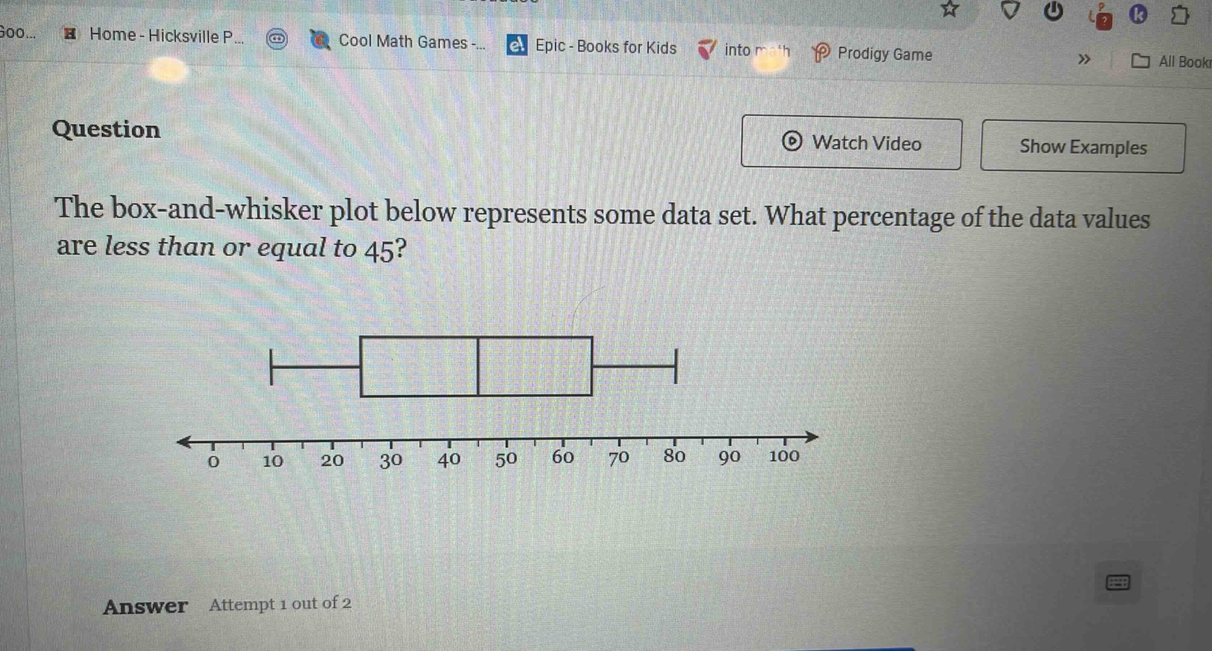 the box - and - whisker plot below represents some data set. what percentage of the data values are less than or equal to 45?