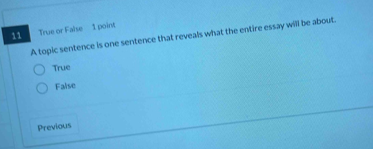 11 true or false 1 point a topic sentence is one sentence that reveals what the entire essay will be about. true false previous