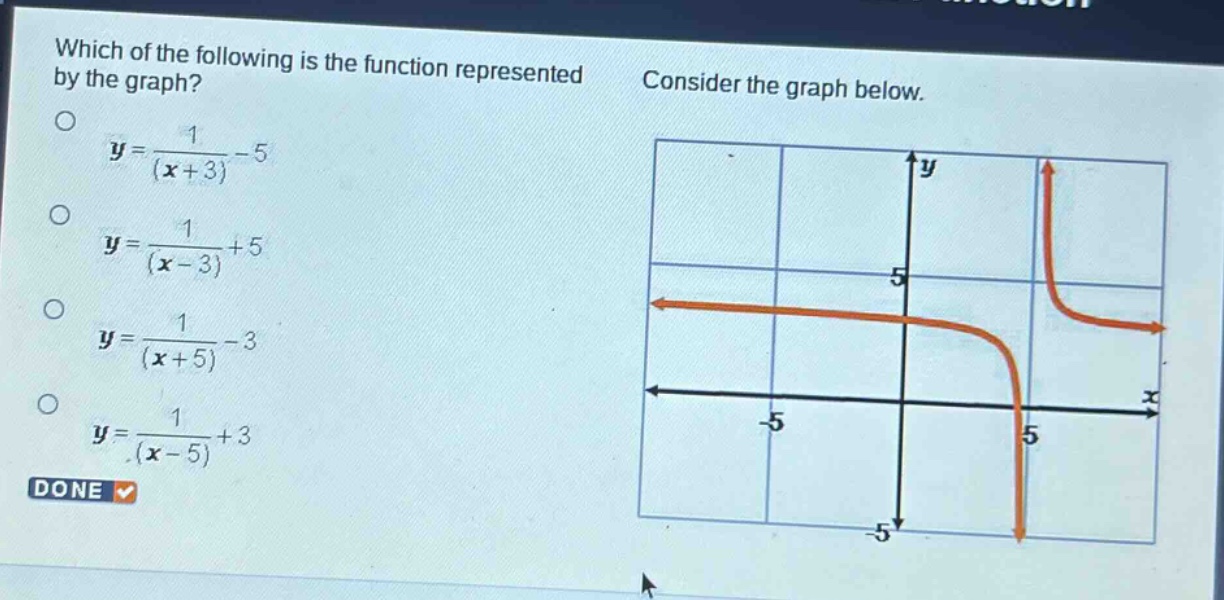 which of the following is the function represented by the graph?\n$y = \\frac{1}{(x + 3)} - 5$\n$y = \\frac{1}{(x - 3)} + 5$\n$y = \\frac{1}{(x + 5)} - 3$\n$y = \\frac{1}{(x - 5)} + 3$\nconsider the graph below.