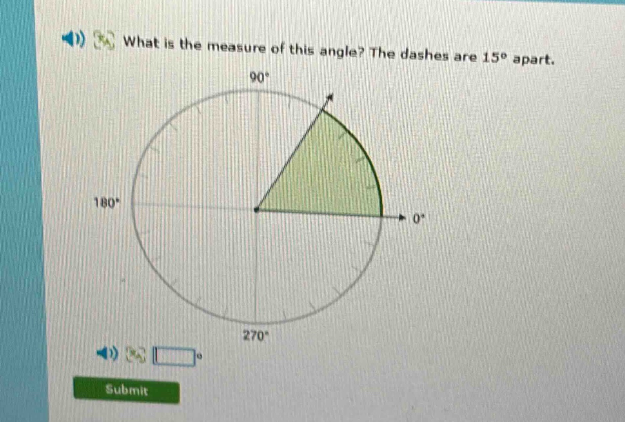 what is the measure of this angle? the dashes are 15° apart.