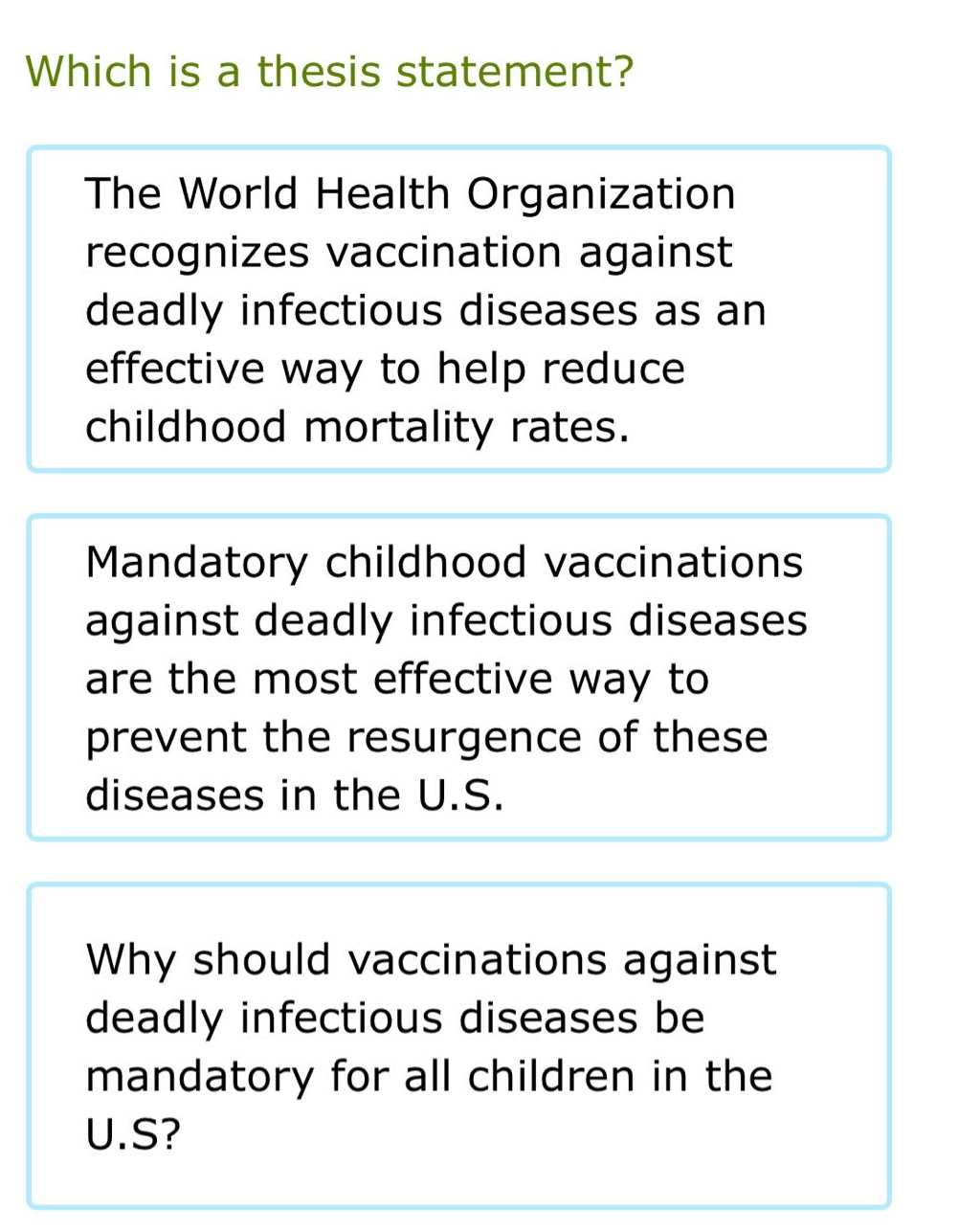 which is a thesis statement? the world health organization recognizes vaccination against deadly infectious diseases as an effective way to help reduce childhood mortality rates. mandatory childhood vaccinations against deadly infectious diseases are the most effective way to prevent the resurgence of these diseases in the u.s. why should vaccinations against deadly infectious diseases be mandatory for all children in the u.s?