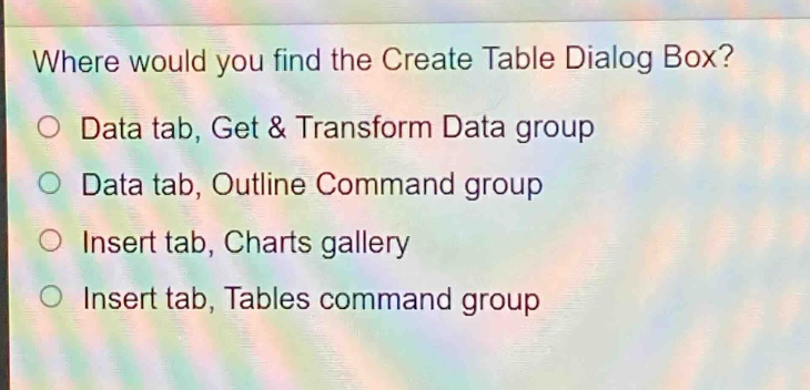 where would you find the create table dialog box?\n○ data tab, get & transform data group\n○ data tab, outline command group\n○ insert tab, charts gallery\n○ insert tab, tables command group