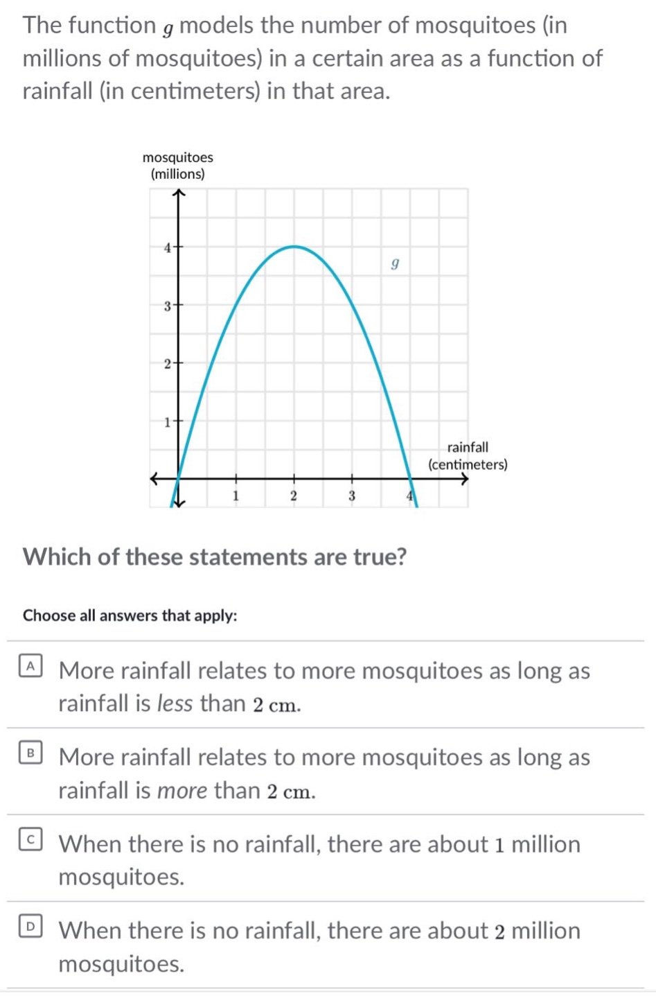 the function g models the number of mosquitoes (in millions of mosquitoes) in a certain area as a function of rainfall (in centimeters) in that area. which of these statements are true? choose all answers that apply: a more rainfall relates to more mosquitoes as long as rainfall is less than 2 cm. b more rainfall relates to more mosquitoes as long as rainfall is more than 2 cm. c when there is no rainfall, there are about 1 million mosquitoes. d when there is no rainfall, there are about 2 million mosquitoes.