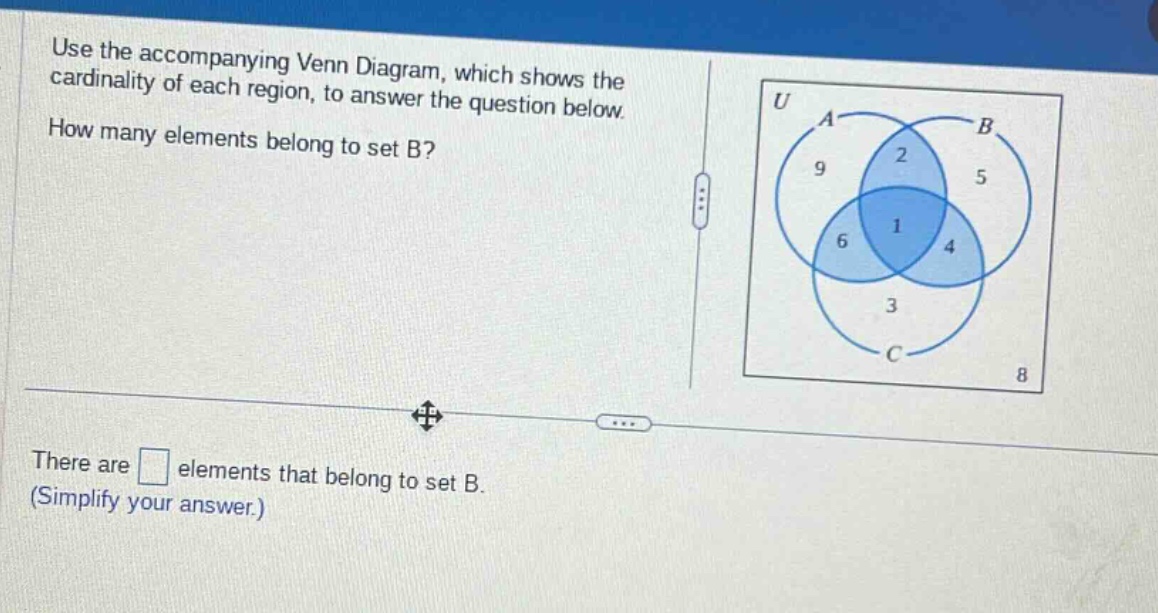 use the accompanying venn diagram, which shows the cardinality of each region, to answer the question below. how many elements belong to set b? there are square elements that belong to set b. (simplify your answer.)